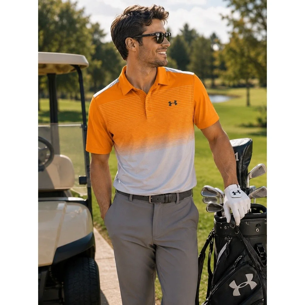 Under Armour Playoff Golf Polo Men's L Orange Gray Ombre Stripe Performance